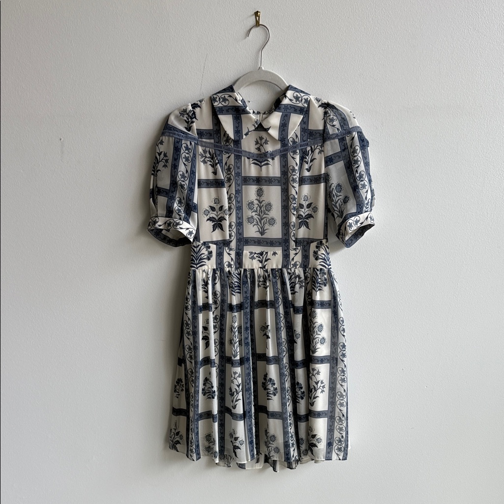 Navy And White Floral Print Collared Mini Dress